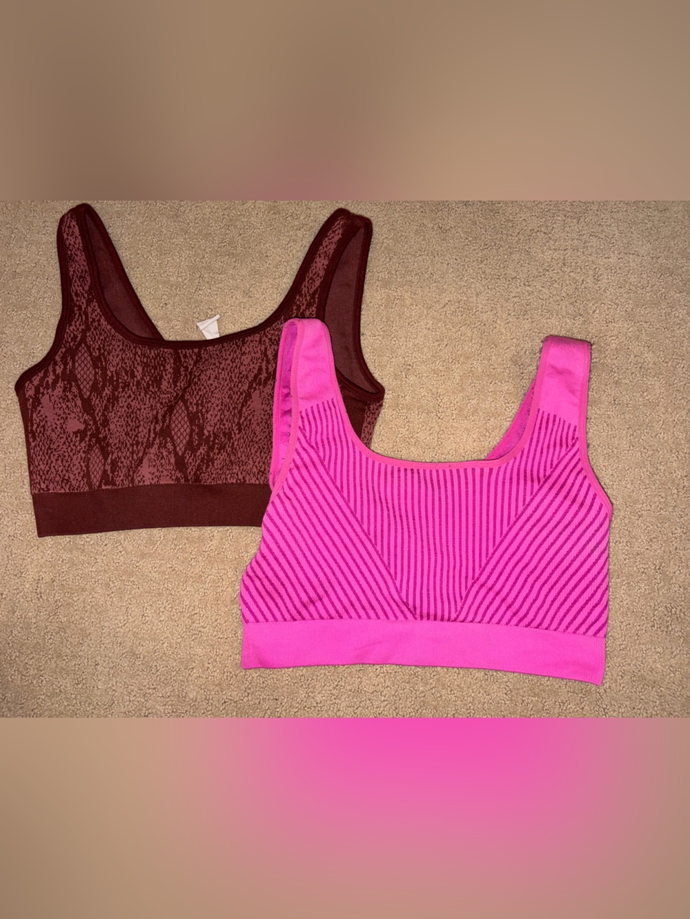 Fabletics Lot 2 Women's L Pullover Wireless Sports Bras Wide Strap Pink/Burgundy